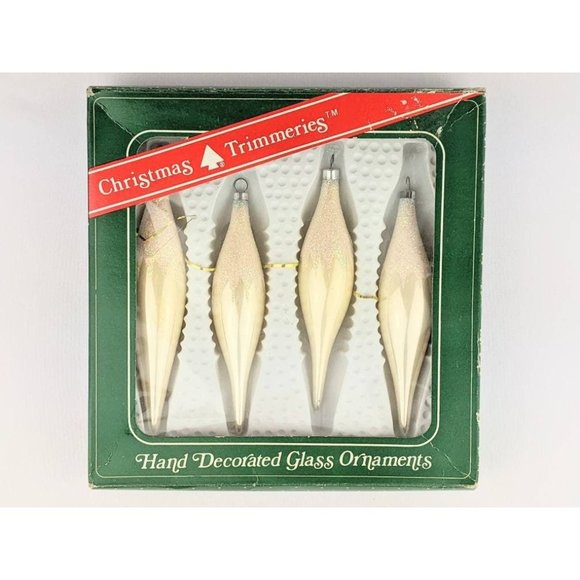 Set of 4 Glass Icicle Ornaments Gold Blush Glitter Gold Vintage 1980s Holiday - Picture 6 of 6